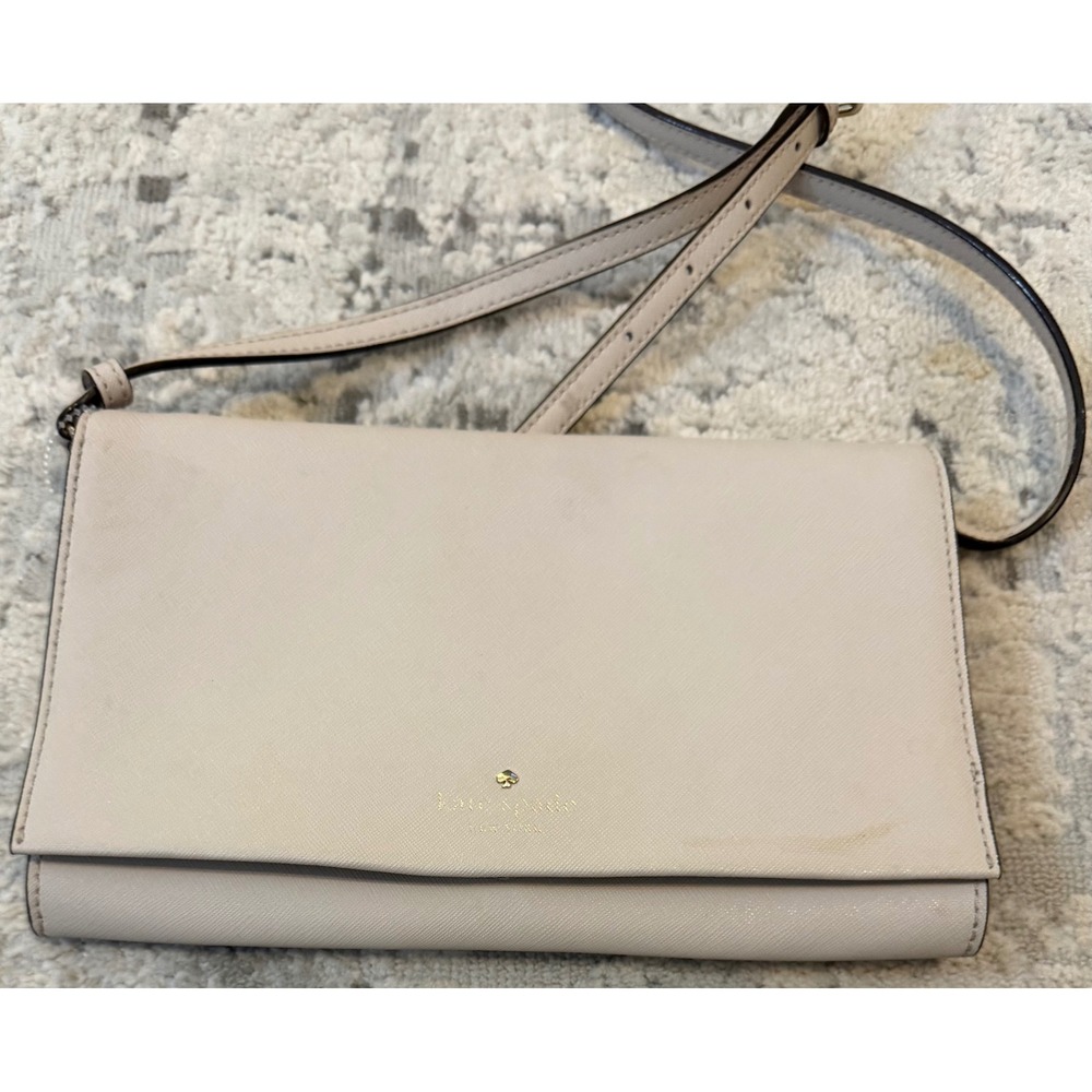 Kate Spade New York Beige Saffiano Leather Crossbody Bag Polka Dot Lining
